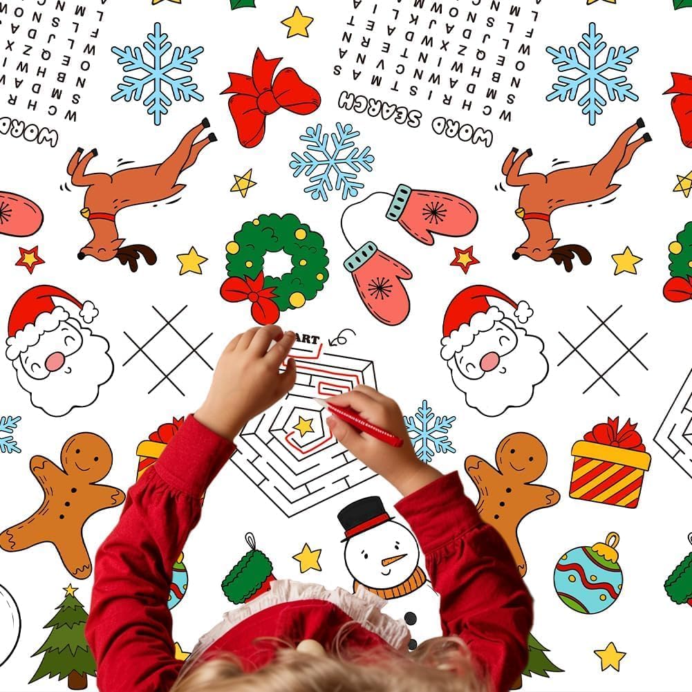 Labeol 1 Pack Christmas Tablecloth, 108"x 54" Christmas Coloring Tablecloth for Kids, Santa Claus Snowman Reindeer Maze Color-in Paper Table Cover for Winter Party Arts and Crafts