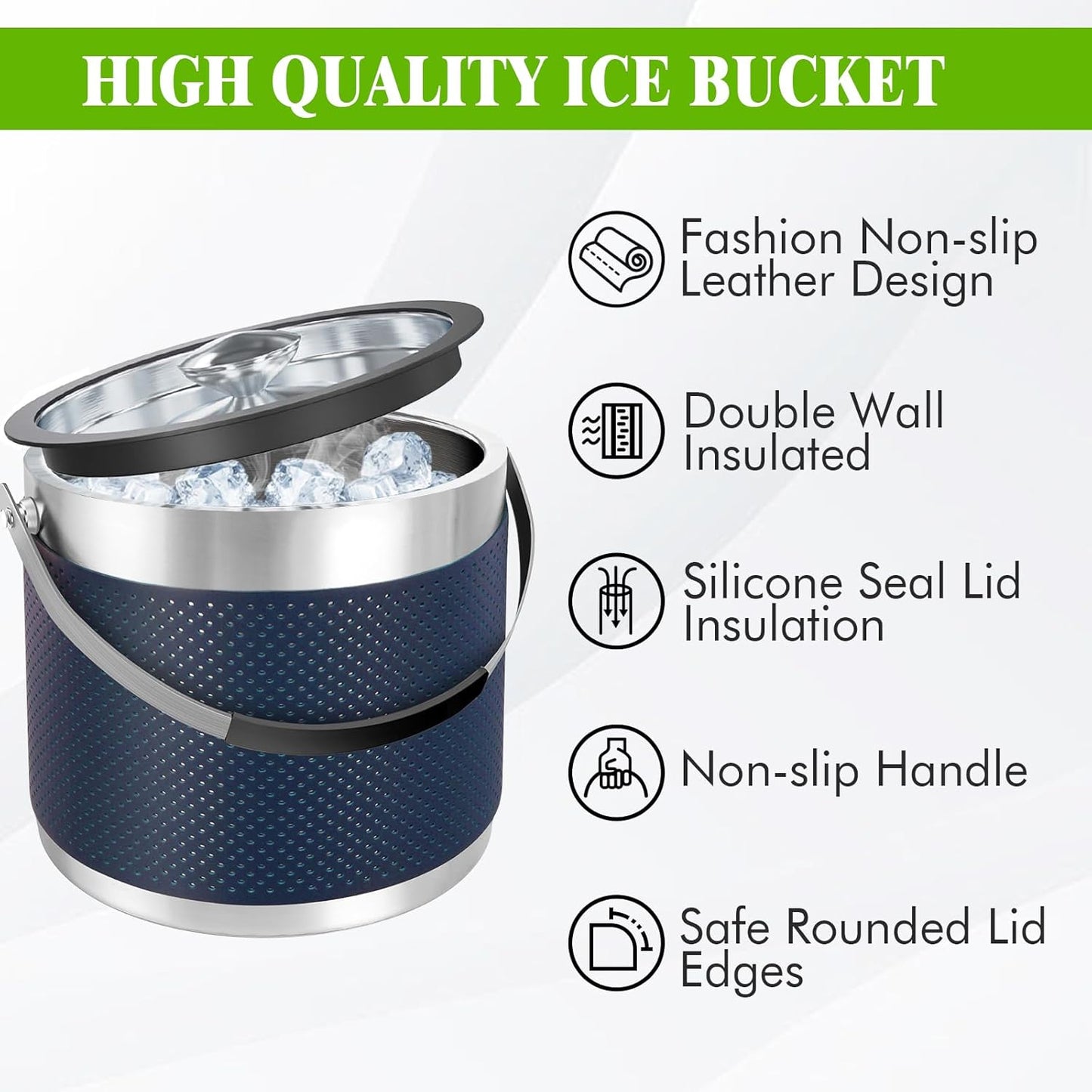 3.4Quart/3.2L Insulated Stainless Steel Ice Bucket with Lid, Scoop, Leather Design Double Wall Wine Bucket for Cocktail Bar, Parties (Dark Blue)