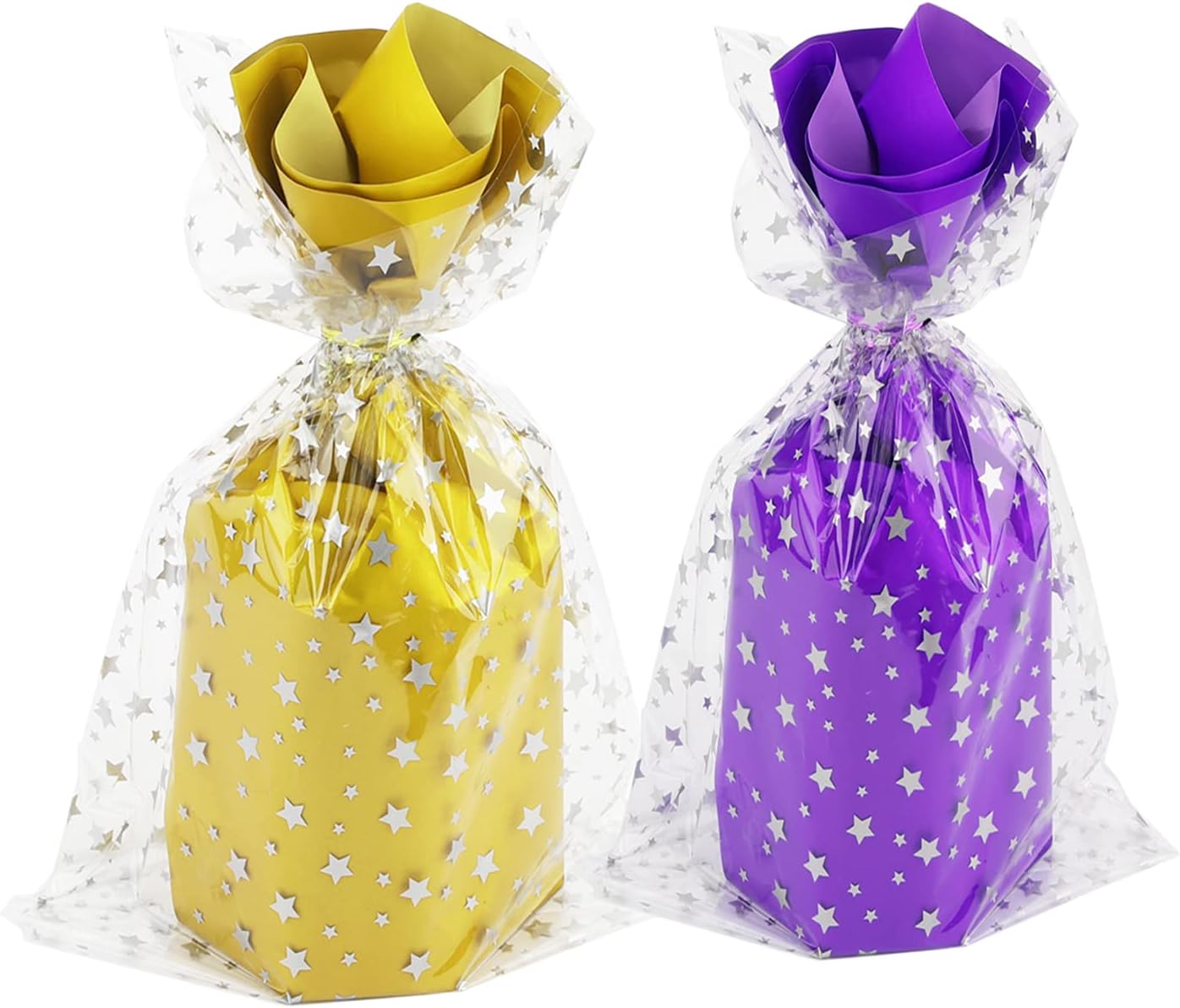 100 Pcs Star Printed 5"X 7" Gift Wrap Cello Cellophane Treat Bags Party Favor bags Clear Candy Cookie Bag Plastic Poly Goodie Storage Bag with Twist Ties for Bakery,Birthday, Wedding ,Party Decorations (Gold)
