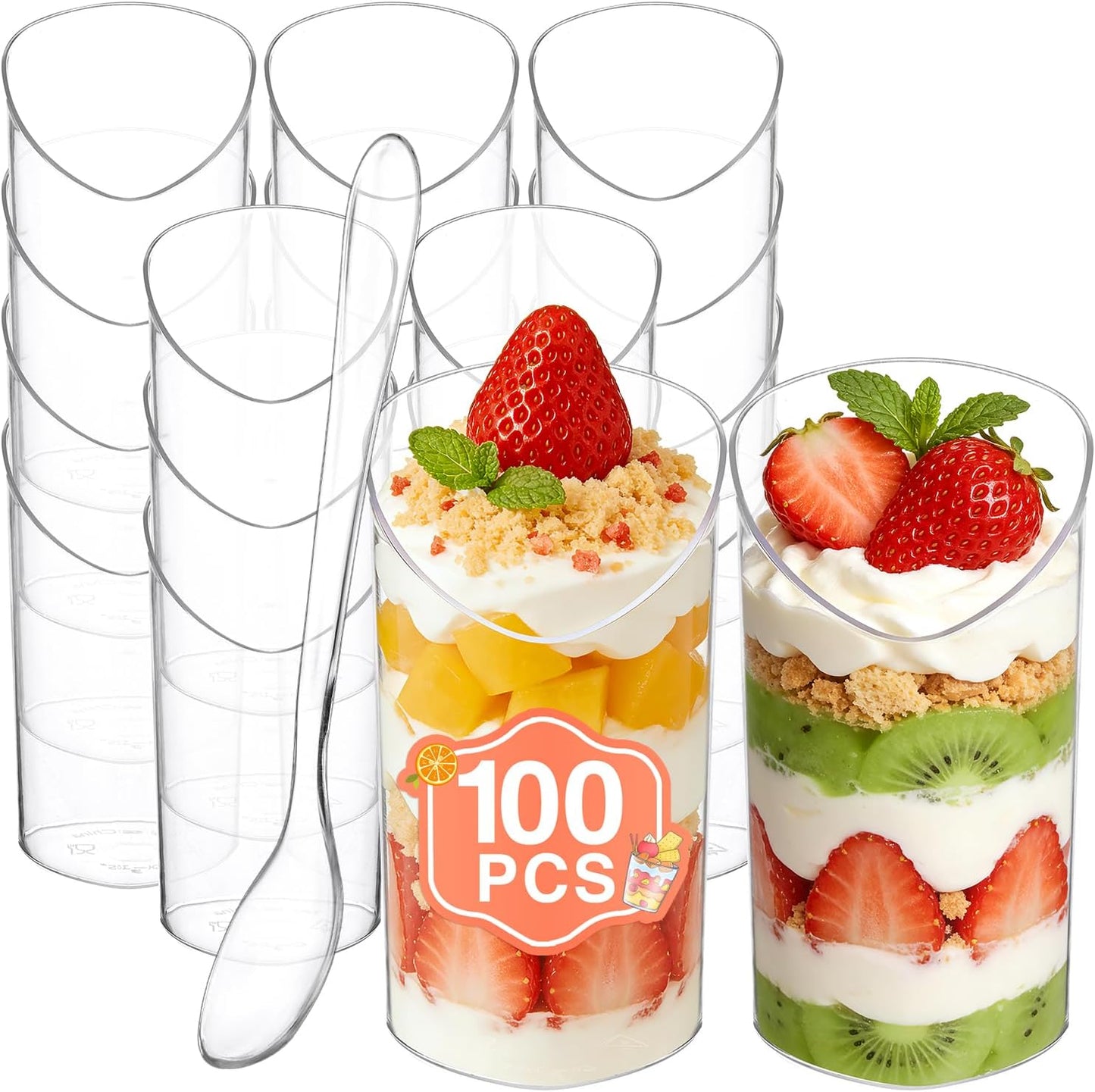 Eupako 3 oz Plastic Dessert Shooter Cups with Spoons - 100 Pack Mini Clear Slanted Appetizer Cup, Small Dessert Cup for Jello Shots, Parfait, Puddings, Mousse