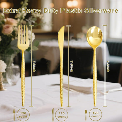 Supernal 360pcs Silver Plastic Cutlery,Elegant Plastic Silverware,Silver Hammed Silverware,Disposable Flatware,Include 120 Forks,120 Knvies,120 Spoons,Perfect for Birthday,Party,Wedding