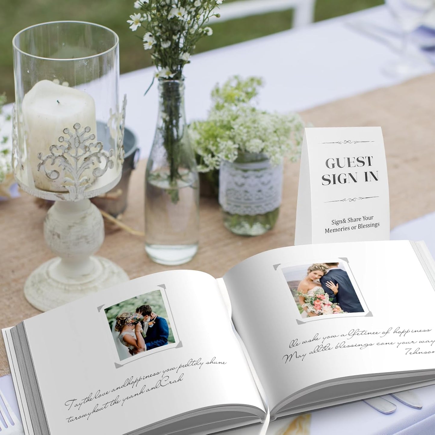 Wedding Guest Book for Memorial Service with 216 Photo Corners Stickers, Linen Guestbook to Sign at Bridal Shower or Wedding Reception Party,100 Pages, Blank Thick Paper Books for Baby Shower- Sage