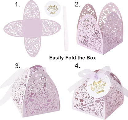 AdasBridal 50Pcs Small Gift Boxes for Party Favors, Laser Cut Candy Boxes Wedding Favor with Thank You Card Ribbons for Bridal Baby Shower Wedding Decorations (White, 2.36")