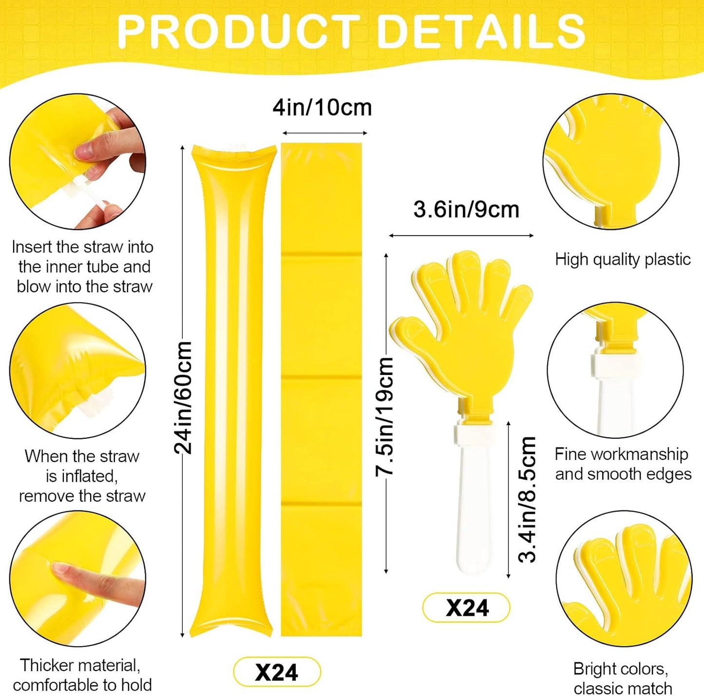 Yunsailing 96 Pcs Homecoming Noisemakers Team Spirit Accessories for Game Day Include Hand Clappers Cheerleading Pom Pom Thunder Stick Cheer Party Blower Plastic Whistle for Sport Fans(Gold)