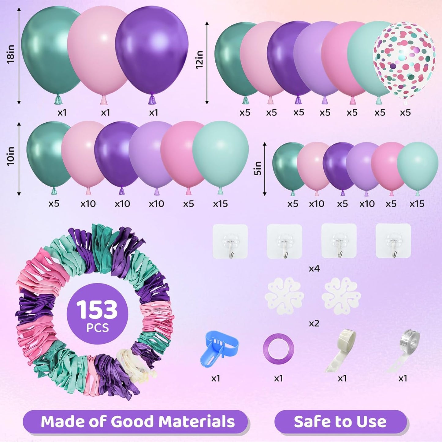 Amandir 153pcs Purple Blue Pink Balloon Garland Arch Kit, Different Sizes 18 12 10 5 inch Teal Yellow Latex Metallic Confetti Balloons for Magic Birthday Engagement Party Decoration