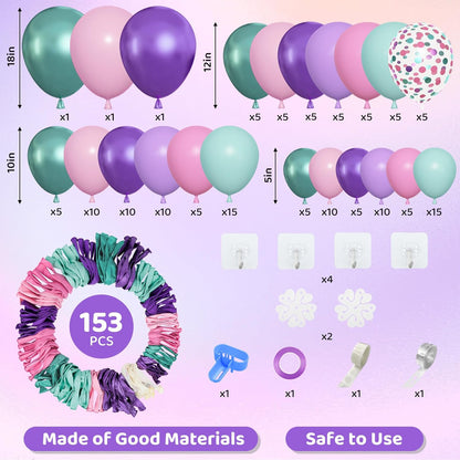 Amandir 153pcs Purple Blue Pink Balloon Garland Arch Kit, Different Sizes 18 12 10 5 inch Teal Yellow Latex Metallic Confetti Balloons for Magic Birthday Engagement Party Decoration