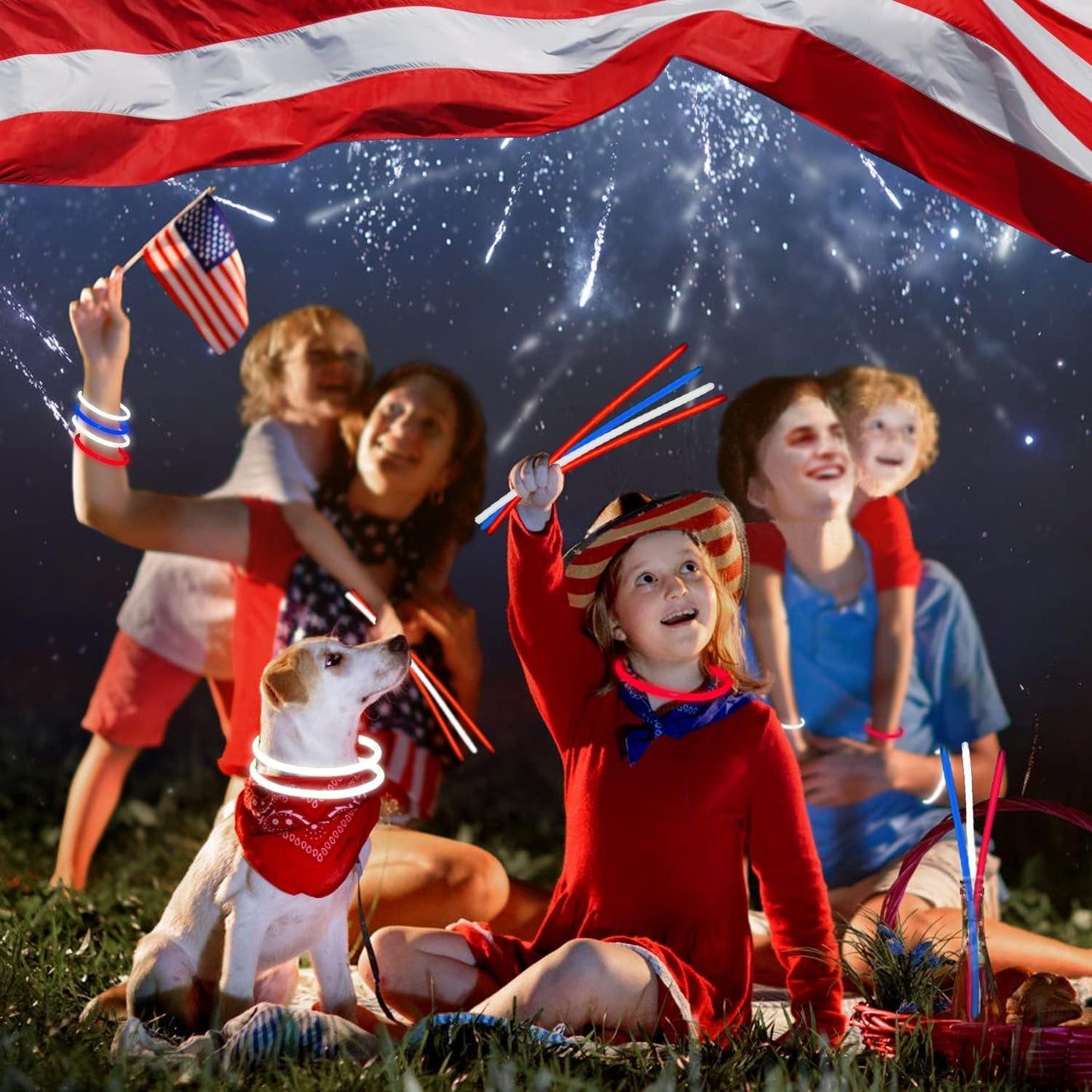 300 PCS Glow Sticks Bulk Glow Bracelet and Necklaces with 150PCS Connectors 8" Glowsticks Light Up Neon Party Favors for July 4th Halloween Wedding Birthday Hawii Carnival(RedBlueWhite)