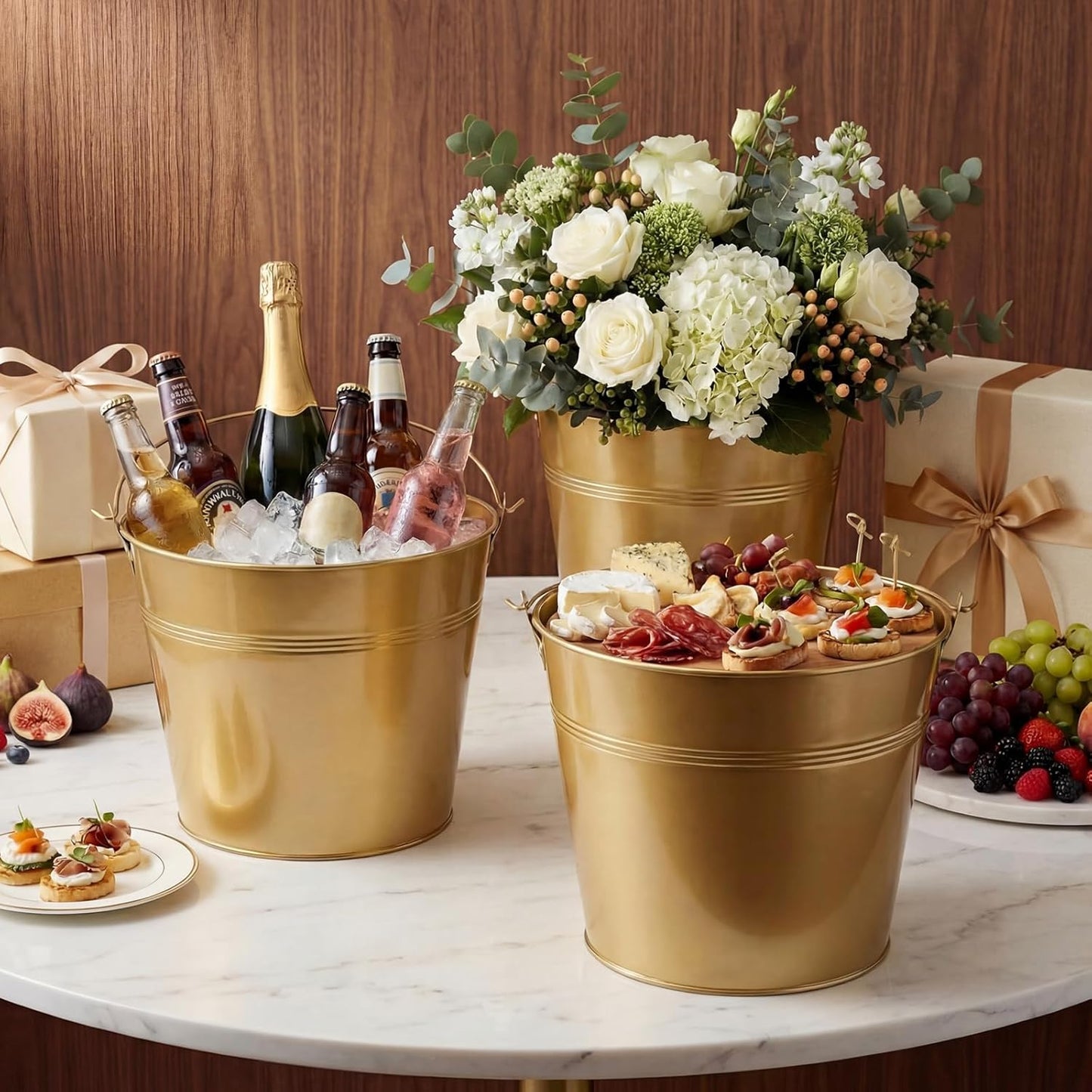 Didaey 24 Pcs Metal Beer Bucket Bulk Ice Bucket Ice Pails with Handle Champagne Soda Party Beverage Chiller for Summer Picnic Pool Wedding Party Supplies Wine Champagne Bar (7.1 x 6.5 x 5.1",Gold)