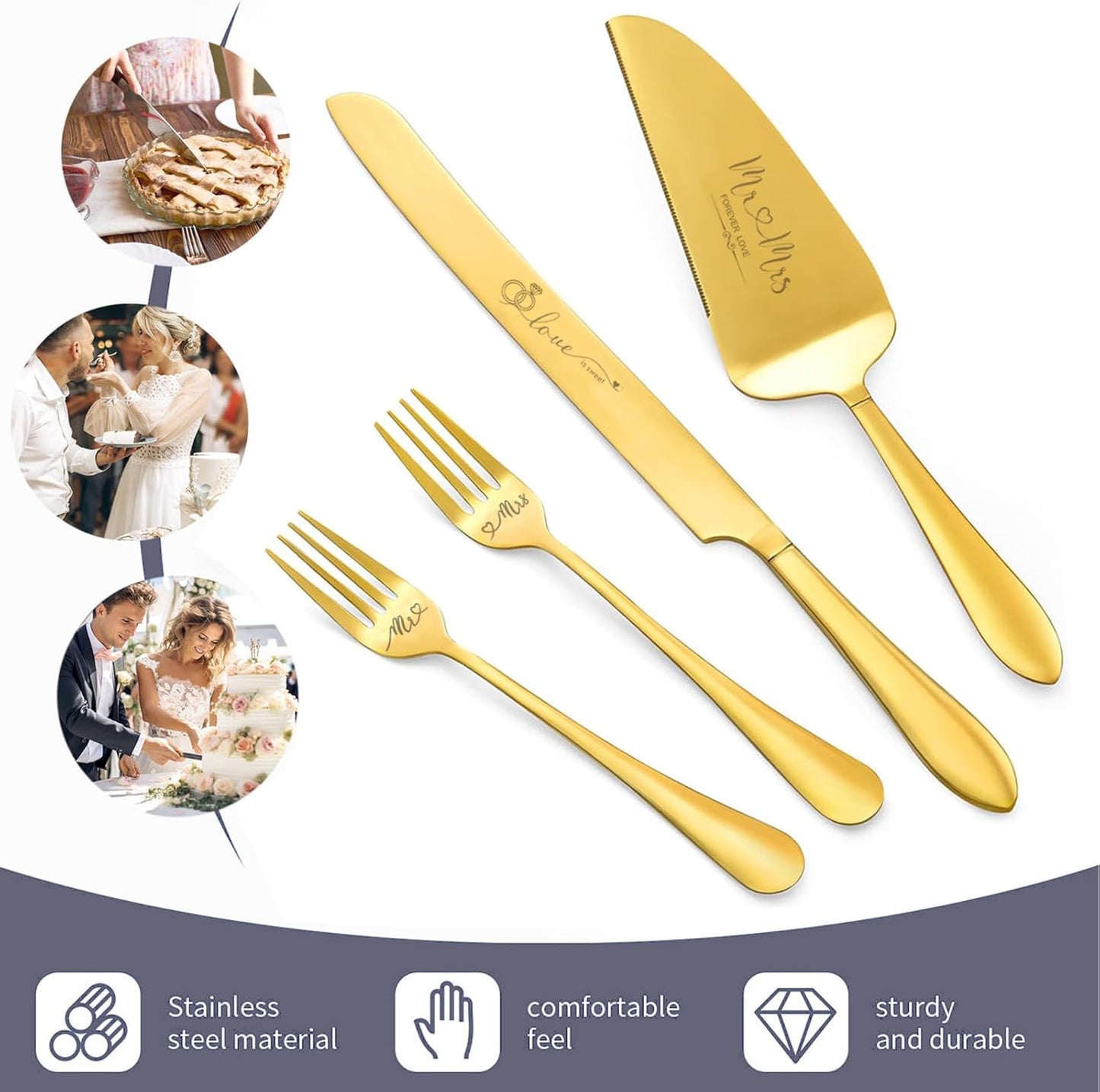 Wedding Cake Knife and Server Set, Mr and Mrs Champagne Flutes & Forks with Giftable Box, Cake Cutting Set for Wedding Engagement Bridal Shower Gifts (Silver)