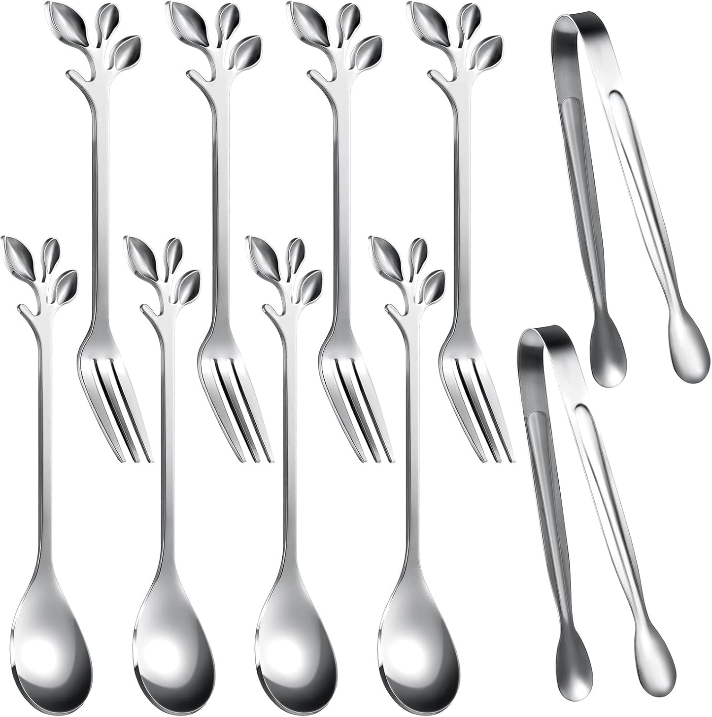 Sieral 10 Pieces Leaf Coffee Spoons, Mini Serving Tongs and Appetizer Forks Stainless Steel Sugar Cube Tongs Dessert Spoons Metal Dinner Forks for Dessert Coffee Tea (Silver)