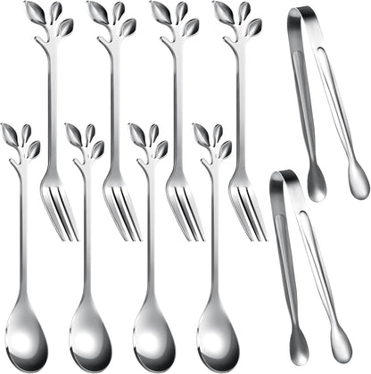 Sieral 10 Pieces Leaf Coffee Spoons, Mini Serving Tongs and Appetizer Forks Stainless Steel Sugar Cube Tongs Dessert Spoons Metal Dinner Forks for Dessert Coffee Tea (Silver)