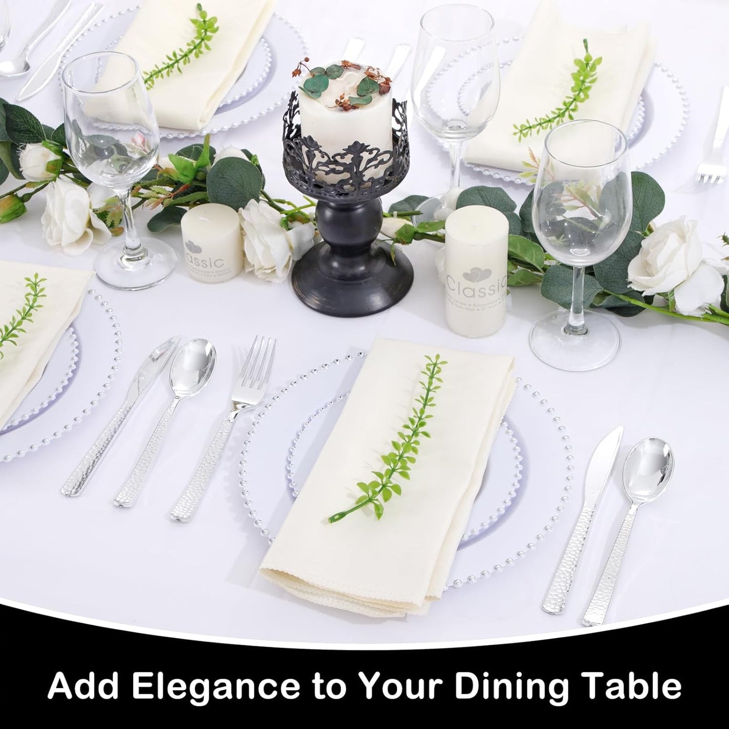 Supernal 180Pcs Silver Plastic Silverware Set, Elegant Hammered Design Heavy Duty Disposable Cutlery, Includes 60 Forks, 60 Knives, 60 Spoons,Silver Plastic Utensils for Wedding, Parties,Events