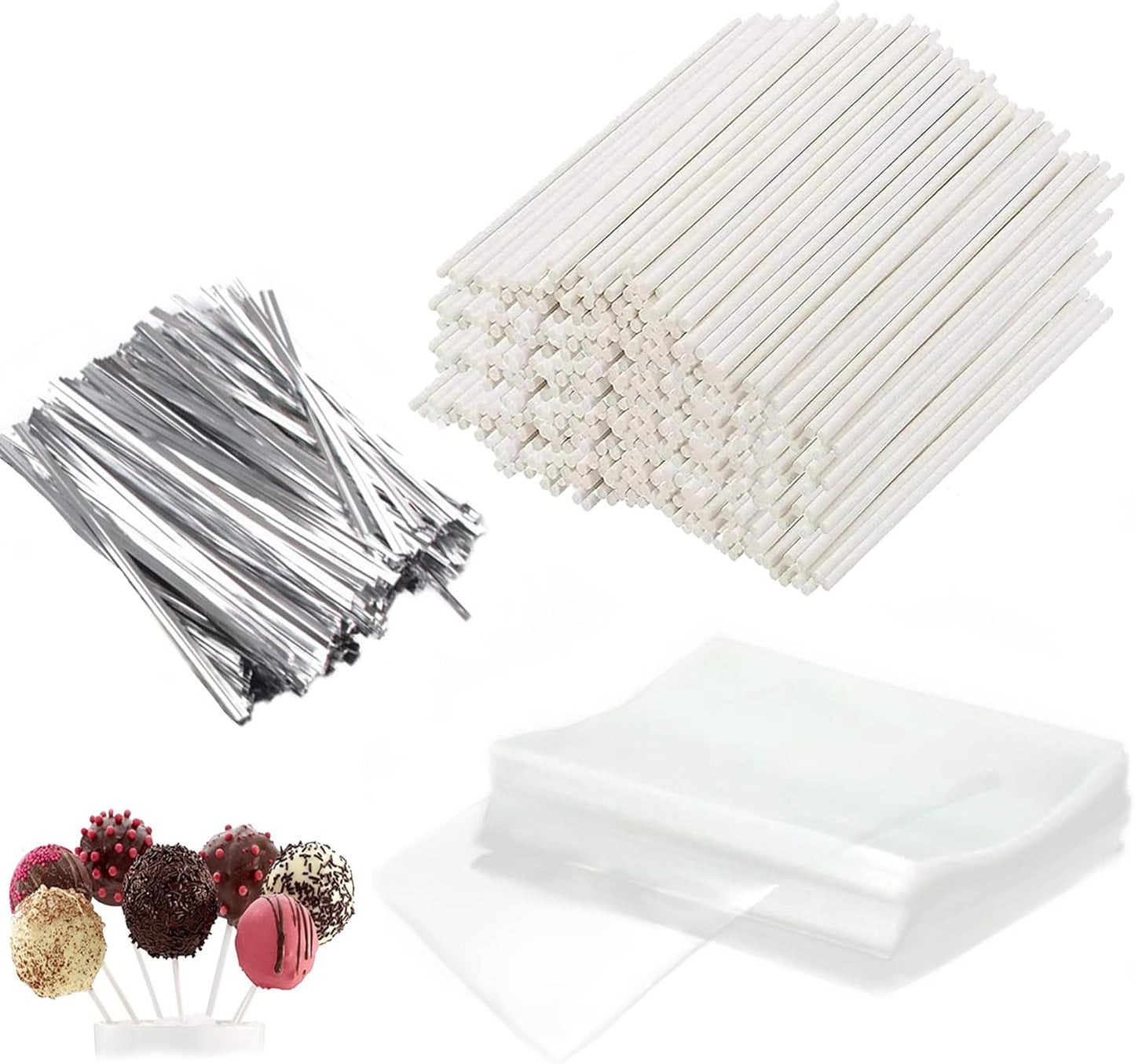 Basquei Cake Pop Sticks 6 Inches, Cake Pop Bags (3.9"X4.7"), Pink Metallic Twist Ties, 300 Pcs Cake Pop Kit Used for, Lollipops Cake, Candies, Chocolates Making Tools