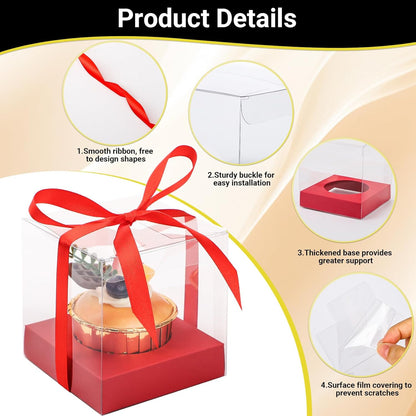 EUSOAR Individual Cupcake Holder, 50pcs 3.5 Inch Plastic Black Cupcake Containers with Lids, Single Transparent Display Clear Cupcake Carrier with Ribbon and Inserts for Wedding Party Favor