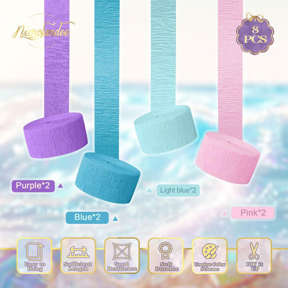 NICROLANDEE Party Streamers Decorations - 8 Rolls Crepe Paper Streamers Tassels Streamer Paper for Birthday Party, Baby Shower, Class Party, Family Gathering Supplies Purple Pink Blue