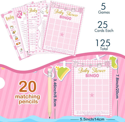 Yinder 145 Pcs Baby Shower Games Activities Cards with 20 Pencils Includes Baby Bingo Description and Wishes Guess Who Price is Right Word Scramble Game(Here Comes the Son)