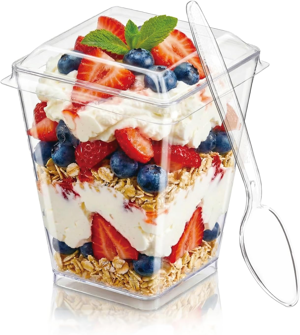 50Pack 5oz Plastic Dessert Cups with Lids and Spoons, Clear Parfait Appetizer Cups for Party, Mini Shooter Serving Cup, Square Dessert Shot Glasses for Tasting
