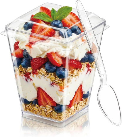 50Pack 5oz Plastic Dessert Cups with Lids and Spoons, Clear Parfait Appetizer Cups for Party, Mini Shooter Serving Cup, Square Dessert Shot Glasses for Tasting