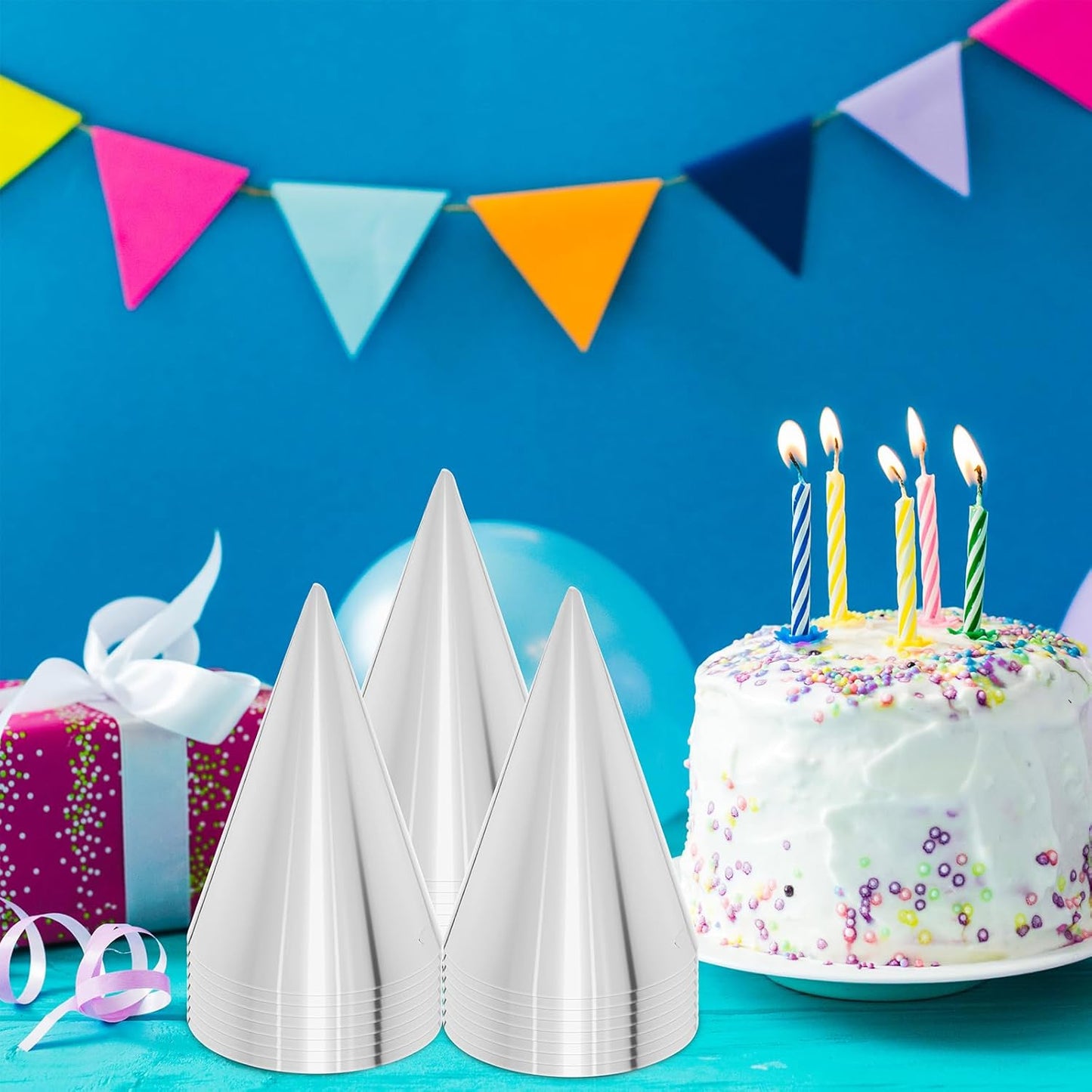 24 PCS Party Cone Hats DIY Birthday Paper Cone Hats for Kids and Adults Birthday, Baby Shower, Bridal Shower