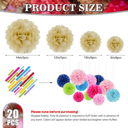 Tissue Paper Pom Poms, Pink Tissue Paper Flowers, Hanging Flower Balls for Weddings Fiesta Parties Birthday Baby Showers Classroom Bridal Shower Decoration (18Piece Set-6/10/12/14Inch)