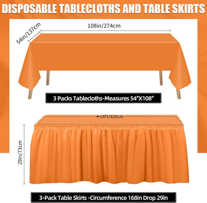 Oudain 6 Pcs Plastic Table Skirts and Stainproof Table Cloths 54 x 108 in Plastic Ruffle Tablecloth 168 x 29 Inches Disposable for Wedding Baby Shower Valentine Spring Easter Party(White)
