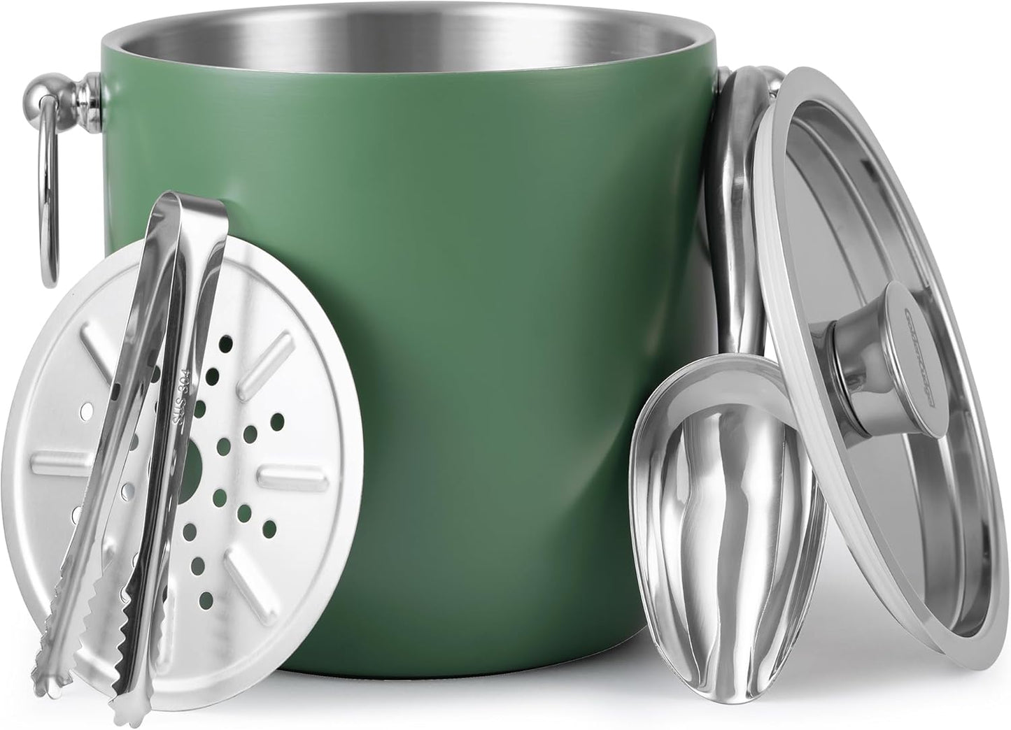 Insulated Ice Bucket, 3L Double Wall Stainless Steel Ice Bucket with Tongs,Lid, Scoop and Strainer, Ice Buckets for Parties,Cocktail Bars, Chilling Beer, Champagne, Wine Bottles,Wood