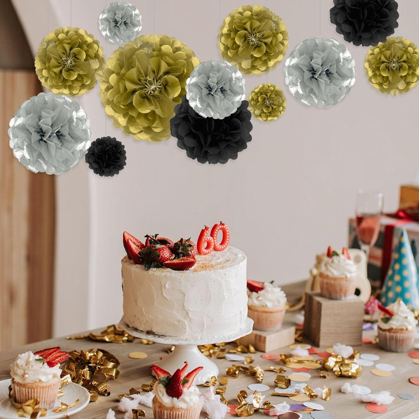 Tissue Paper Pom Poms, Pink Tissue Paper Flowers, Hanging Flower Balls for Weddings Fiesta Parties Birthday Baby Showers Classroom Bridal Shower Decoration (18Piece Set-6/10/12/14Inch)
