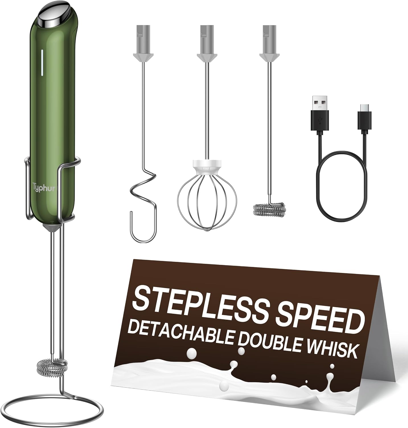 InstaWhisk Milk Frother with Variable Speed, Rechargeable Coffee Frother Wand with Detachable Double Whisk, Drink Mixer Handheld Electric Stirrer for Latte, Cappuccino, Matcha, Almond Milk, Protein
