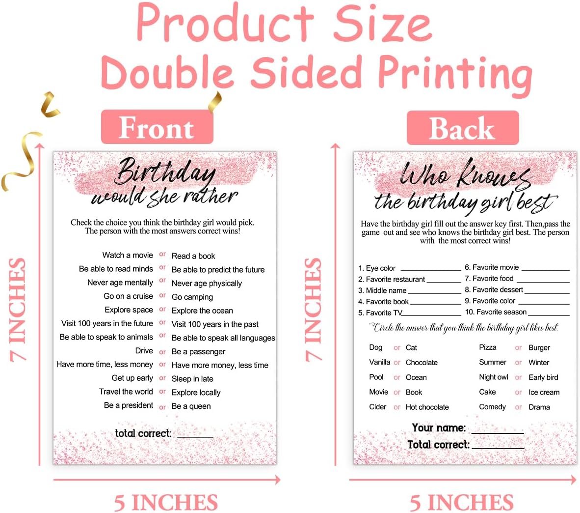 Birthday Party Cards for Girl, Birthday Games Card, Would She Rather Game Cards Set, Birthday Supplies Activity Decorations for Adult Girl, Set of 30 Game Cads