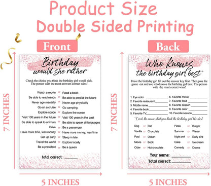 Birthday Party Cards for Girl, Birthday Games Card, Would She Rather Game Cards Set, Birthday Supplies Activity Decorations for Adult Girl, Set of 30 Game Cads