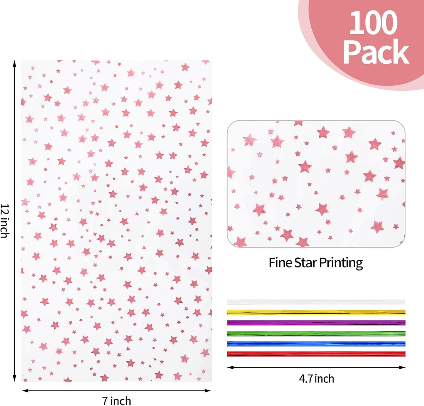 100 Pcs Star Printed 5"X 7" Gift Wrap Cello Cellophane Treat Bags Party Favor bags Clear Candy Cookie Bag Plastic Poly Goodie Storage Bag with Twist Ties for Bakery,Birthday, Wedding ,Party Decorations (Gold)