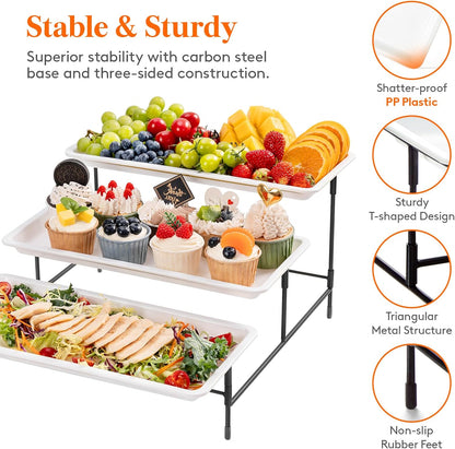 Lifewit 3 Tier Serving Tray, 30 x 17 cm/12 x 6.5" White Plastic Tiered Food Serving Platters, Tiered Tray Stand for Party with Black Collapsible Metal Stand, Dessert Display Stand for Cookies/Crackers