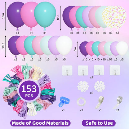 Amandir 153pcs Purple Blue Pink Balloon Garland Arch Kit, Different Sizes 18 12 10 5 inch Teal Yellow Latex Metallic Confetti Balloons for Magic Birthday Engagement Party Decoration