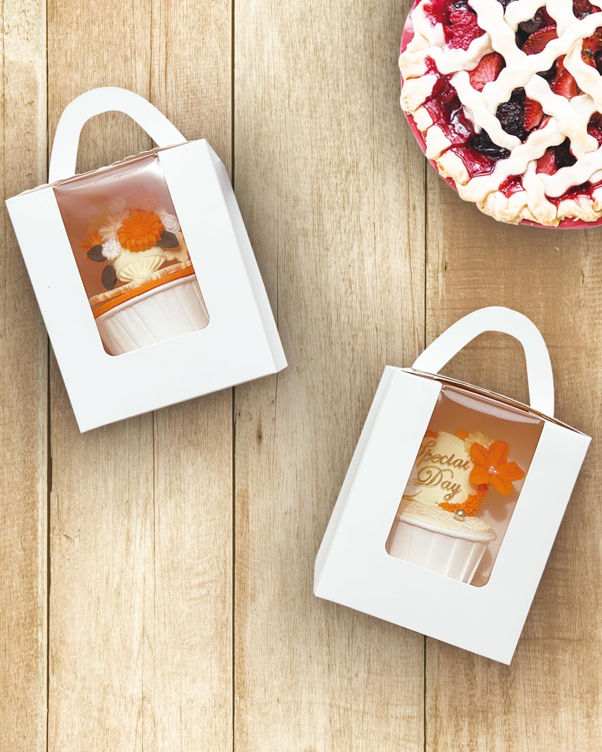 Bakepacker Auto-pop up Individual Cupcake Boxes with Window 60 Count Brown Single Cupcakes Box 3.7 x 3.7 x 4.3inch Cupcake Carrier