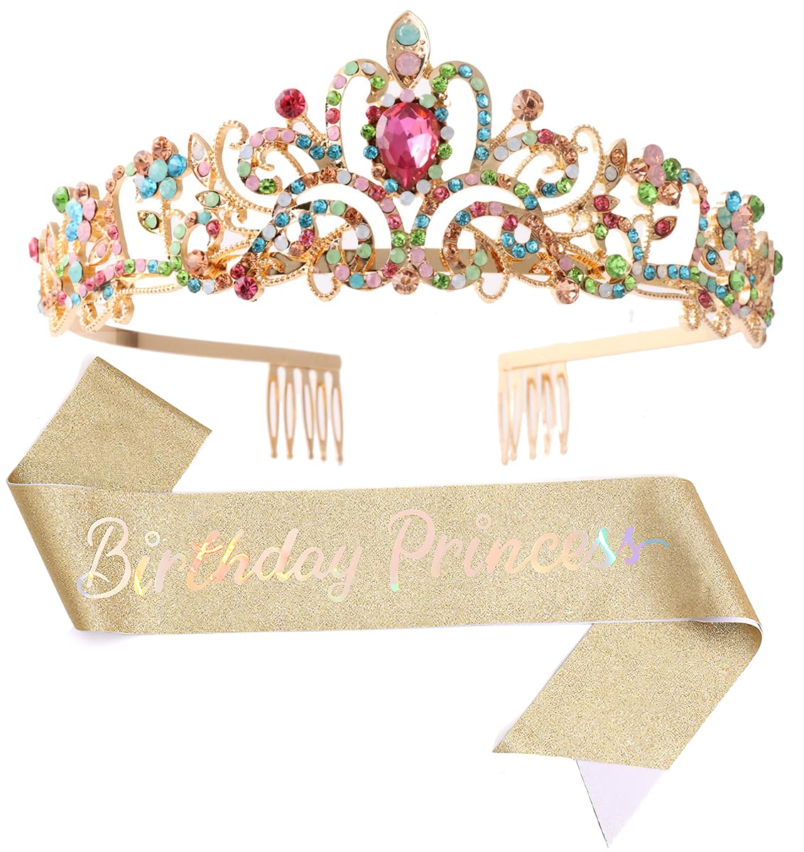 Birthday Tiara Crown with Sash for Women, Headband Hair Accessories for Wedding Party Costume