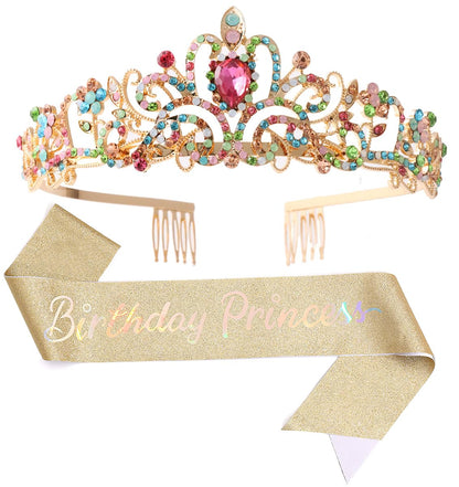 Birthday Tiara Crown with Sash for Women, Headband Hair Accessories for Wedding Party Costume