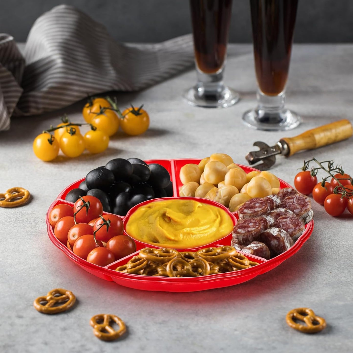 Frcctre 20 Pack Disposable Plastic Appetizer Serving Platter, 12 Inch 6 Sectional Divided Snack Nut Candy Veggie Fruit Dish Serving Platter Divided Food Tray