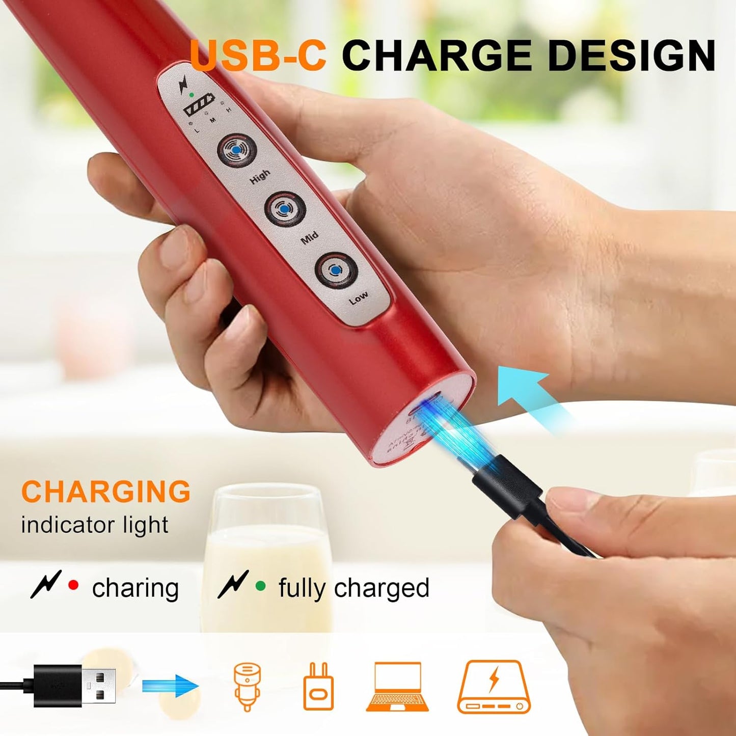 YUSWKO Black Handheld Milk Frother Wand for Coffee, Rechargeable Electric Whisk with 3 Heads 3 Speeds Drink Mixer Coffee Frother For Latte, Cappuccino, Hot Chocolate, Egg