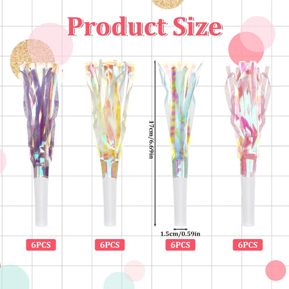 24 pcs Party Blowers Glitter Noise Makers Metallic Fringed Party Horns Pastel Noisemakers for Birthday Blow Horns Graduation New Years Sporting Gatherings Favors Supplies Eve Christmas