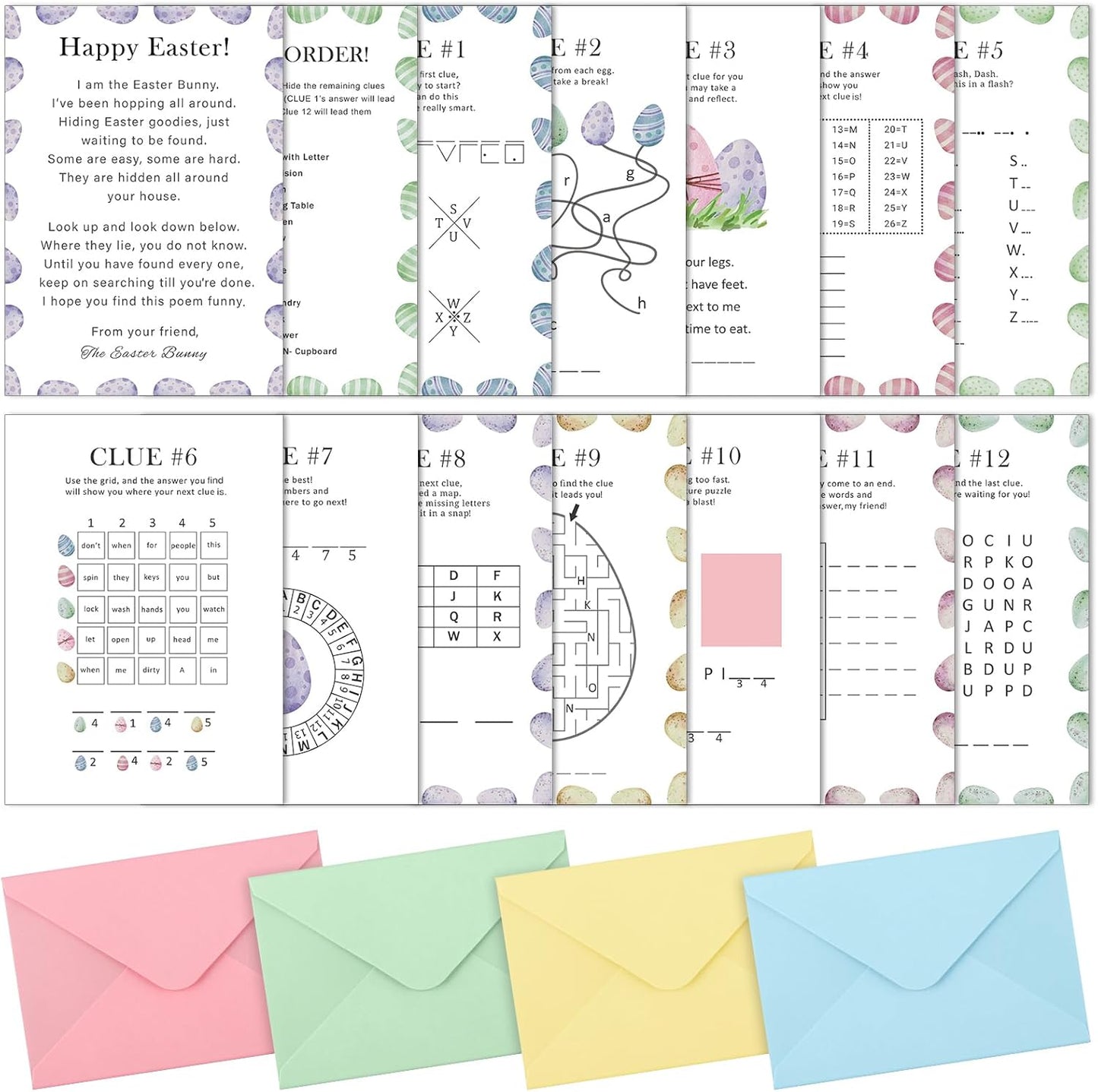 Fullhawl 36 Pcs Easter Party Games Easter Egg Scavenger Hunt Cards Indoor Treasure Clues Answer Game with Envelopes Party Favor for Teens Adults Family School Supplies