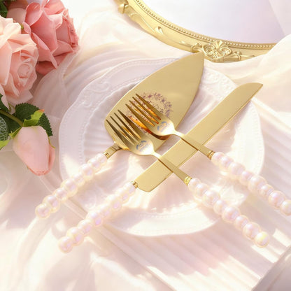 4 Piece Wedding Cake Cutting Set, Knife and Server with Forks, Elegant Wedding Cake Knife and Server Set for Bride and Groom(Gold)