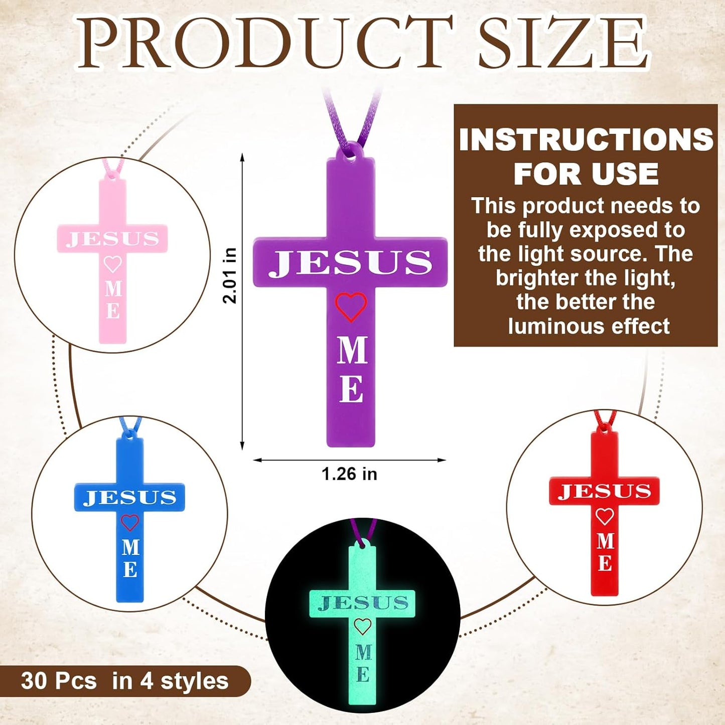 Tondiamo 30 Set Glow in The Dark Cross Necklace Bulk Jesus Light up Cross Necklace Silicone VBS Religious Christian Gift Bulk Birthday Party Favors for Church Item