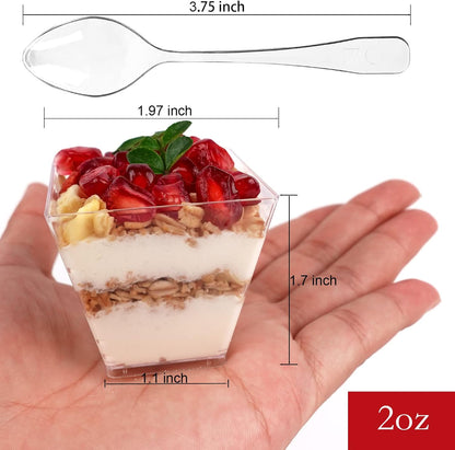 Hiasobre 100 Pack 2 oz Mini Dessert Cups with Spoons, Square Clear Plastic Appetizer Cups, Reusable Parfait Cups, Small Dessert Bowls for Serving Fruit Ice Cream Pudding Yogurt