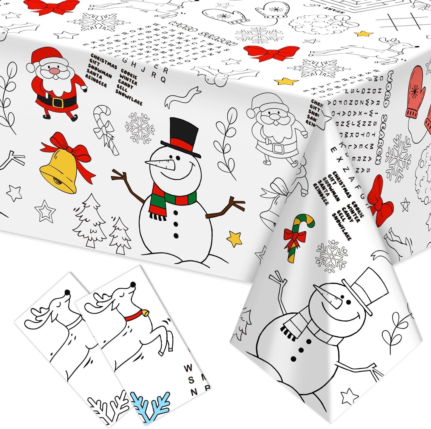 Labeol 1 Pack Christmas Tablecloth, 108"x 54" Christmas Coloring Tablecloth for Kids, Santa Claus Snowman Reindeer Maze Color-in Paper Table Cover for Winter Party Arts and Crafts