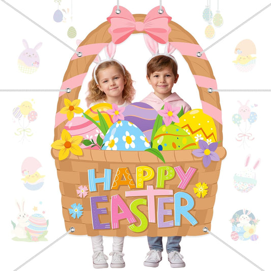 Tiamon Easter Party Decorations 51 x 67 Inch Easter Basket Photo Banner Large Fabric Egg Hunt Backdrop Photo Prop Selfie Frame for Spring Birthday Party Supplies(Basket)