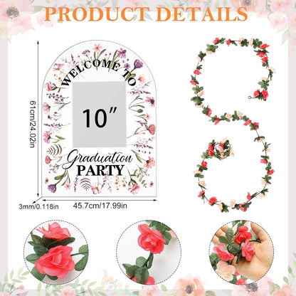 Yousoontic 3 Pcs Graduation Party Welcome Sign with Photo Set 18x24" Acrylic Wildflower 2026 Yard Sign with Easel Stand 24.6ft Flower Garland Grad Senior High School College Decor for Graduation Party