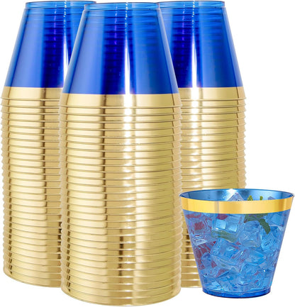 Nervure 120PCS Gold Plastic Cups - 9Oz Gold Rimmed Plastic Cups - Heavy Duty Disposable Clear Cup with Gold Rim Perfect for Weddings, Receptions & Parties