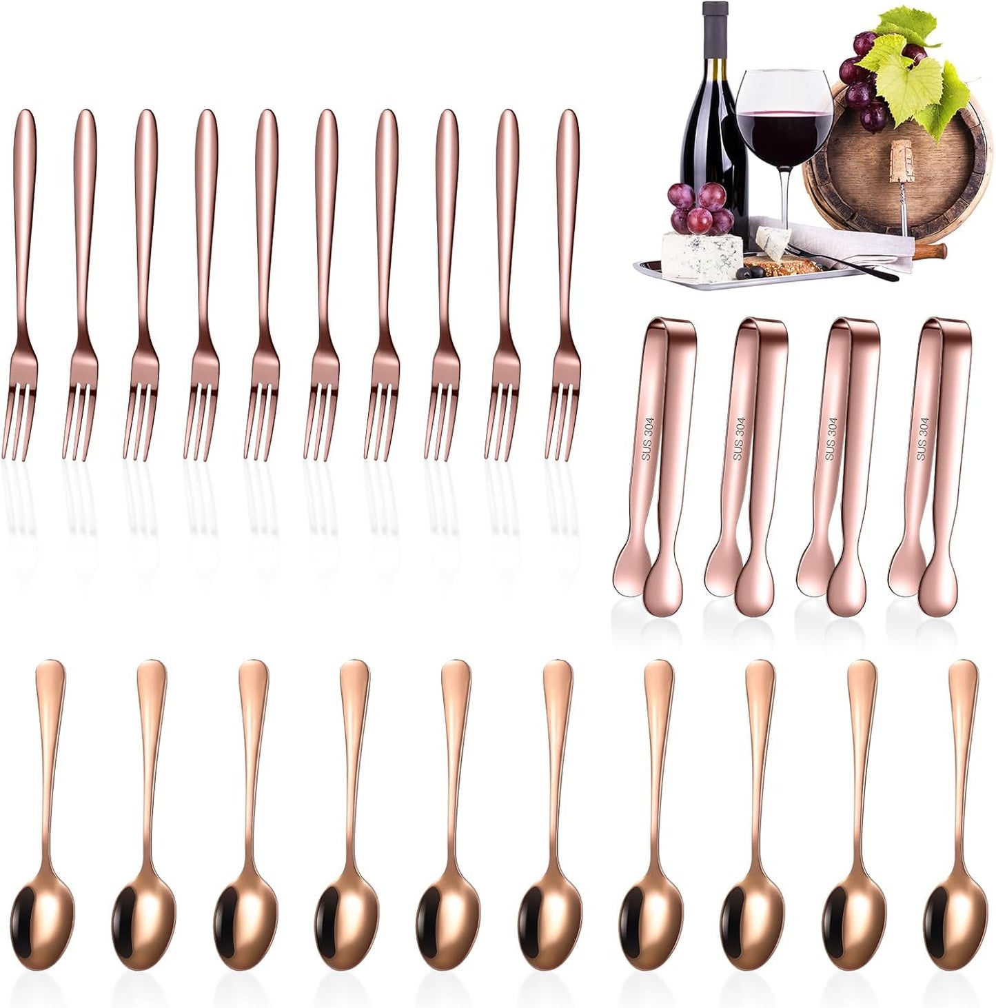 Cunhill 24 Pcs Charcuterie Accessories Mini Cocktail Tongs Small Serving Spoons and Appetizer Forks Stainless Steel Tongs Charcuterie Utensils for Valentine Party Supplies(Vivid Sharp Spoon,Silver)
