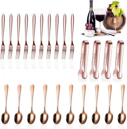 Cunhill 24 Pcs Charcuterie Accessories Mini Cocktail Tongs Small Serving Spoons and Appetizer Forks Stainless Steel Tongs Charcuterie Utensils for Valentine Party Supplies(Vivid Sharp Spoon,Silver)
