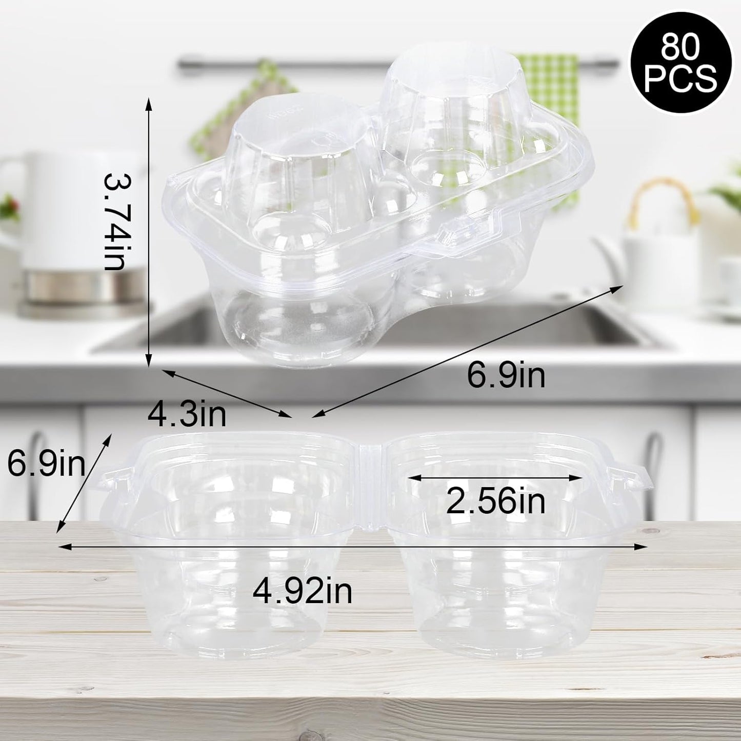 JarThenaAMCS 80 Pack Plastic Cupcake Containers 4-Compartment Clear Boxes Disposable Cupcake Tray Holders 4 Cavity Cupcakes Carriers with Deep Dome for Muffin Packaging
